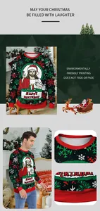 Detail of Christmas sweater featuring a cartoon Jesus graphic and snowflake patterns