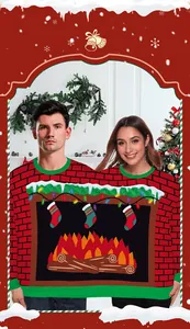 Detail of two-person ugly Christmas sweater with fireplace pattern and green trim