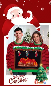 Detail of creative double person Christmas sweater with festive fireplace digital print