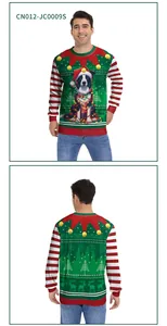 Detail of Christmas sweater featuring a festive border collie and reindeer knit pattern