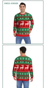 Detailed front and back views of knitted Christmas sweater with reindeer and snowflake patterns