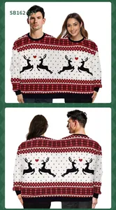 Front and back view of a couple sharing a red Christmas sweater with reindeer patterns