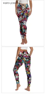 Detailed front and side view of leggings with Day of the Dead sugar skull prints