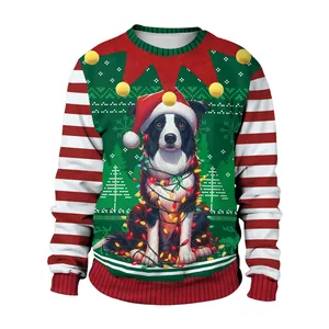 Detail of Christmas sweater featuring a dog with Santa hat and pom-pom trim design