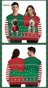 Detail view of a two-person ugly Christmas sweater with festive pug and snowman motifs