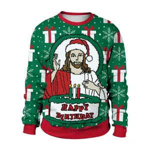Detail of Christmas sweater with Jesus birthday print and festive snowflake patterns