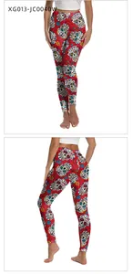 Front and back view of Halloween leggings featuring Day of the Dead sugar skull prints