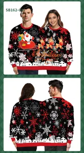 Front and back view of a double-person Christmas sweater with Santa and reindeer prints