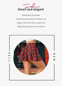 Detail of red plaid pleated skirt featuring high-waisted design and classic tartan pattern