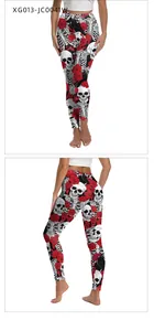 Detailed front and back view of Day of the Dead skull and red rose yoga leggings