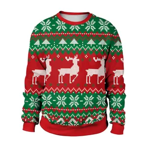 Close-up of knit Christmas sweater with reindeer, snowflake, and tree patterns