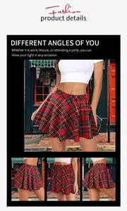 Detailed views of red plaid pleated mini skirt showing front, side, and back angles