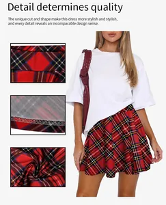 Detailed views showing the red plaid pleated skirt waistline and high-quality stitching