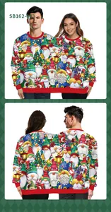 Detail of creative two-person Christmas sweater with festive gnomes and snowflake patterns