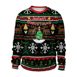 Close-up of Christmas sweater featuring reindeer, snowflakes and Merry Christmas text