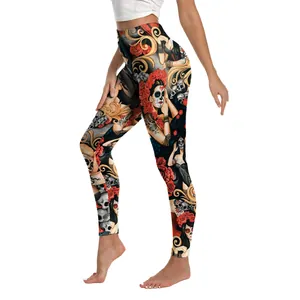 Women's Day of the Dead leggings with sugar skull and rose digital print for yoga fitness