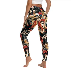 Women's Halloween high-waist leggings with sugar skull and red rose floral prints