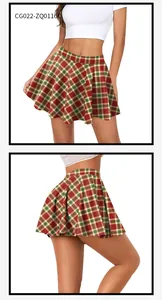 Macro detail of red plaid pleated skater skirt with high-waisted A-line digital print
