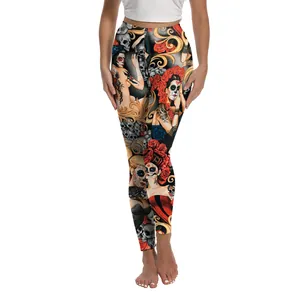 Women's Day of the Dead leggings with sugar skull and rose floral digital prints