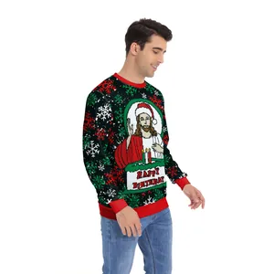 Ugly Christmas sweater with Jesus print and Happy Birthday text on black knit fabric