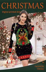 Detail of Christmas digital print dress featuring reindeer and snowflake holiday patterns