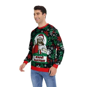 Christmas sweatshirt with Jesus print and snowflakes for couples in black and red