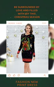 Detail of Christmas dress featuring reindeer and snowflake prints on black slim-fit fabric