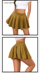 Detailed views of high-waisted yellow plaid pleated skater skirt with digital print