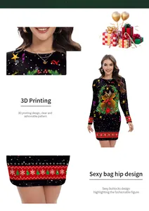 Detail of 3D reindeer and floral print on Christmas long sleeve bodycon dress
