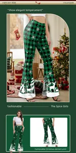 Close-up of green and black plaid flared trousers with festive elk and snowflake prints