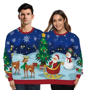 Two-person ugly Christmas sweater with festive reindeer and Santa Claus patterns