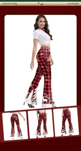 Detail of high waist red buffalo plaid flare pants with reindeer and snowflake print