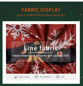 Detail of Christmas dress fabric showing snowflake print, 88% polyester and 12% spandex