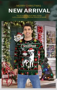 Close-up of husky dog digital print and geometric festive patterns on green sweatshirt
