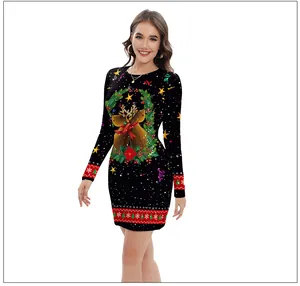Detail of Christmas dress featuring reindeer and snowflake prints on black knit fabric
