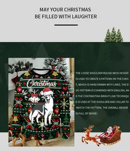 Detail of Christmas sweatshirt featuring festive husky print and Fair Isle patterns