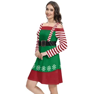 Abito di Natale da Donna Manica Lunga Girocollo Elfo Babbo Natale Stampa Digitale Midi Abito per Festa di Natale Abiti Festivi