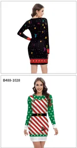 Detailed views of festive Christmas mini dresses with elk, snowflake and candy cane prints
