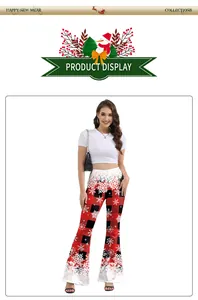 Detail of high waist Christmas flare pants with red buffalo plaid and snowflake print