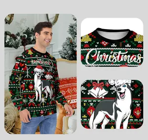 Close-up of Fair Isle knit pattern and cartoon husky print on Christmas sweater