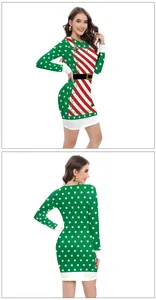Front and back view of a Christmas bodycon dress with elk and snowflake stripes print