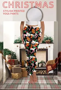 Dettagli dei leggings yoga natalizi con stampe di pupazzi di neve e omini di zenzero