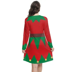 Vista posteriore di un vestito da elfo di Natale con strisce rosse e verdi e campane