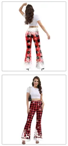 Front and back view of women's red plaid flare pants with Christmas snowflake prints
