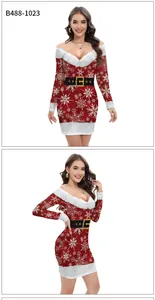 Front and side view of festive red Christmas dress with white snowflakes and fur trim