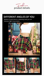 Detailed views of Red Christmas plaid pleated skirt showing front and back patterns
