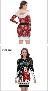 Detail of Christmas dress featuring red off-shoulder fur trim and Santa graphic print