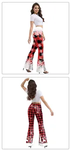 Detail view of red buffalo plaid flare pants with festive snowflake and reindeer prints