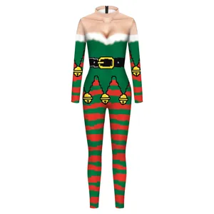 Body natalizio da donna con stampa pixel rossa e verde e maniche lunghe a collo alto