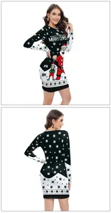 Detail of Christmas dress featuring snowflake patterns and festive graphic prints